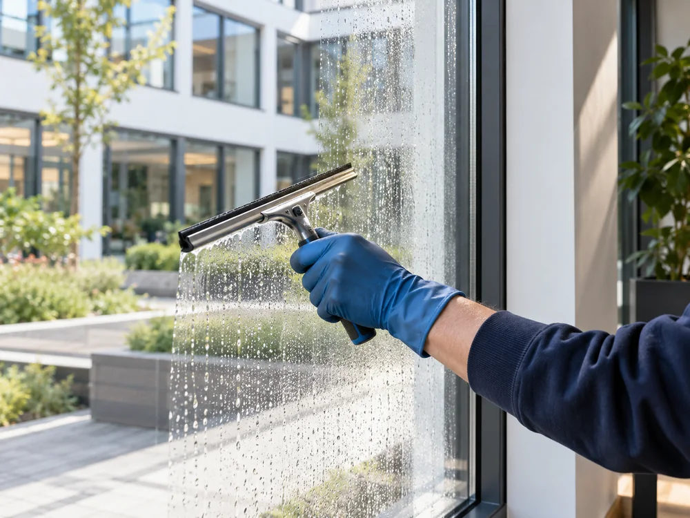 Reinigung einer großen Fensterfläche mit einem professionellen Abzieher