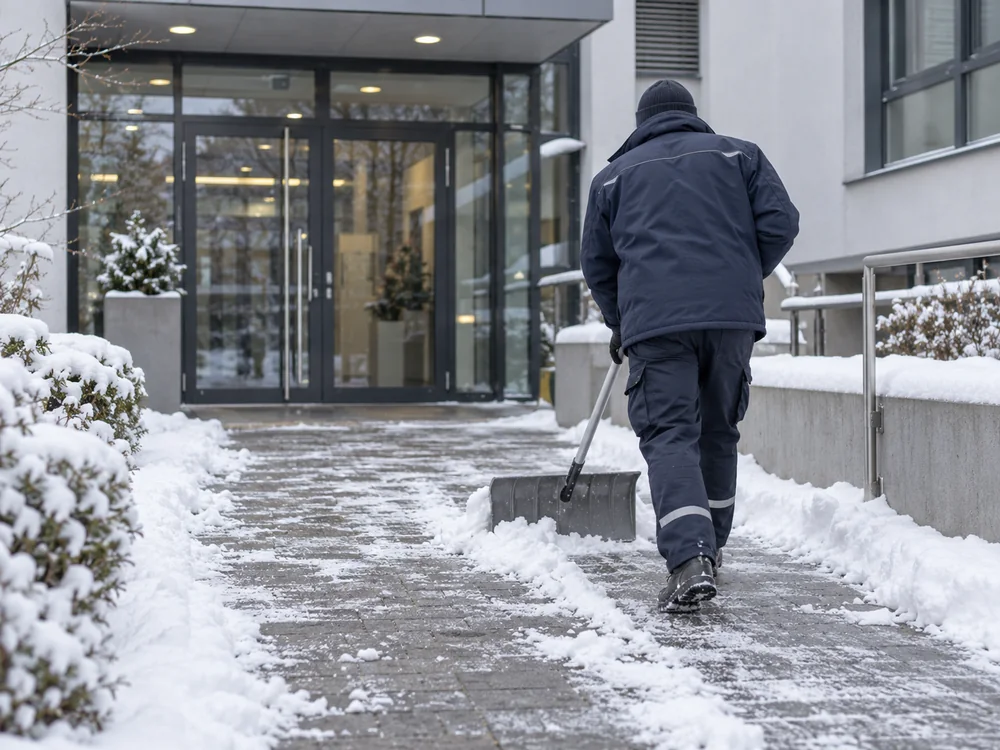 Räumen von Schnee auf einem Gehweg vor einem gewerblichen Gebäude